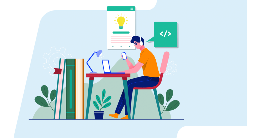 Illustration of a person sitting at a desk, with a laptop and mobile phone.